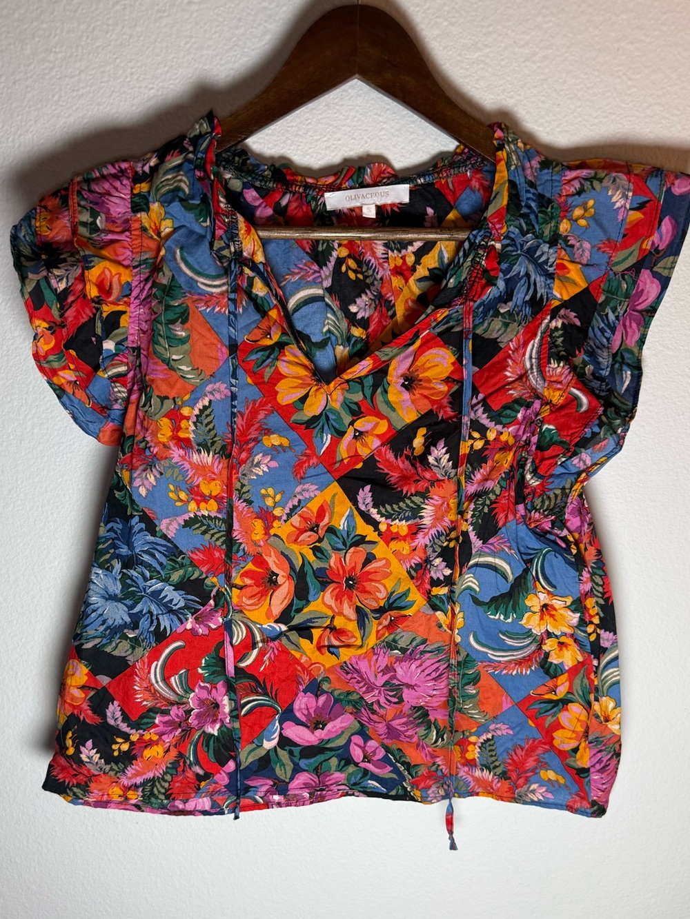 Olivaceous Multicolor Floral Patchwork V-Neck Blouse